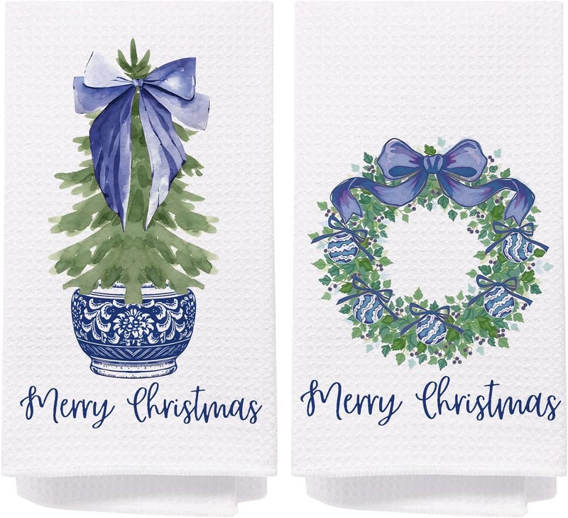SPBL&L Chinoiserie Christmas Kitchen Towels,Blue Bow Coquette Christmas Tree Dish Towels for Kitchen Bathroom, Blue Christmas Hand Towels for Kitchen,Grandmillennial Decor,16x24 Inches Set of 2 - Image 1